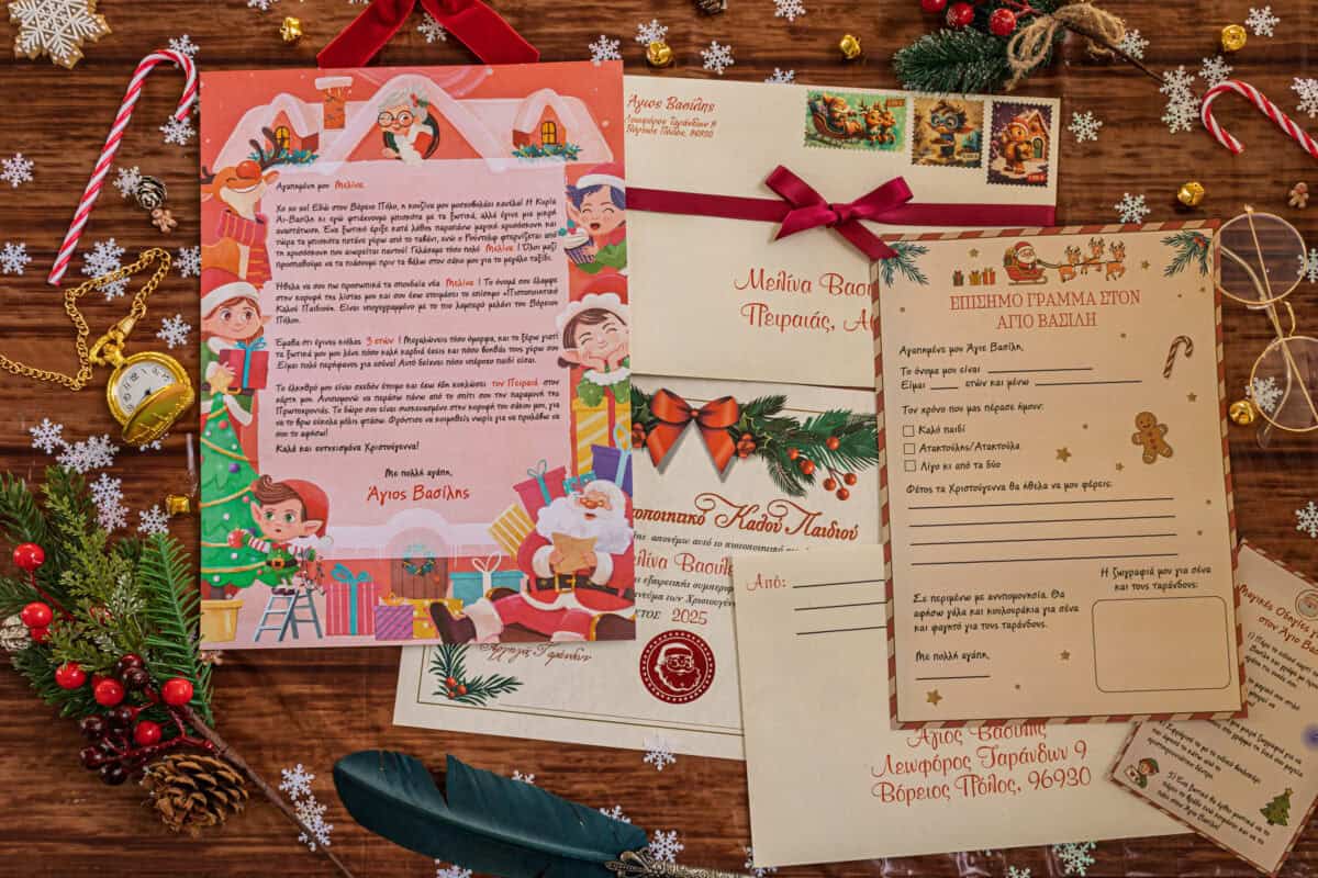 Αγγελία χριστουγεννιάτικου γράμματος Santa Mail με κάρτα και επιστολή για το Άγιο Βασίλη, διακοσμητικά Χριστουγέννων και δώρα, εύκολη αποστολή παιδικών επιστολών στη Βόρειο Πόλο.